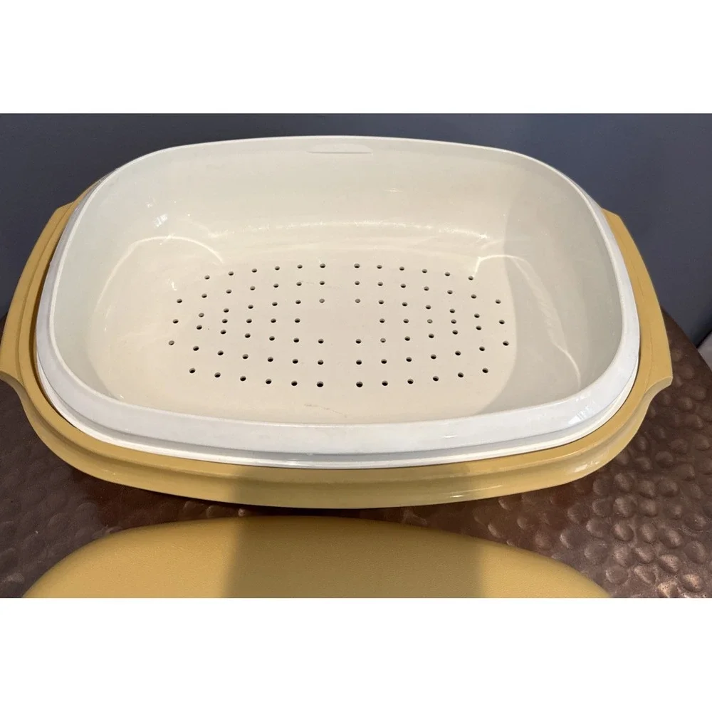Vintage Tupperware Yellow Oblong Oval Casserole Dish Bowl Lid Strainer Colander